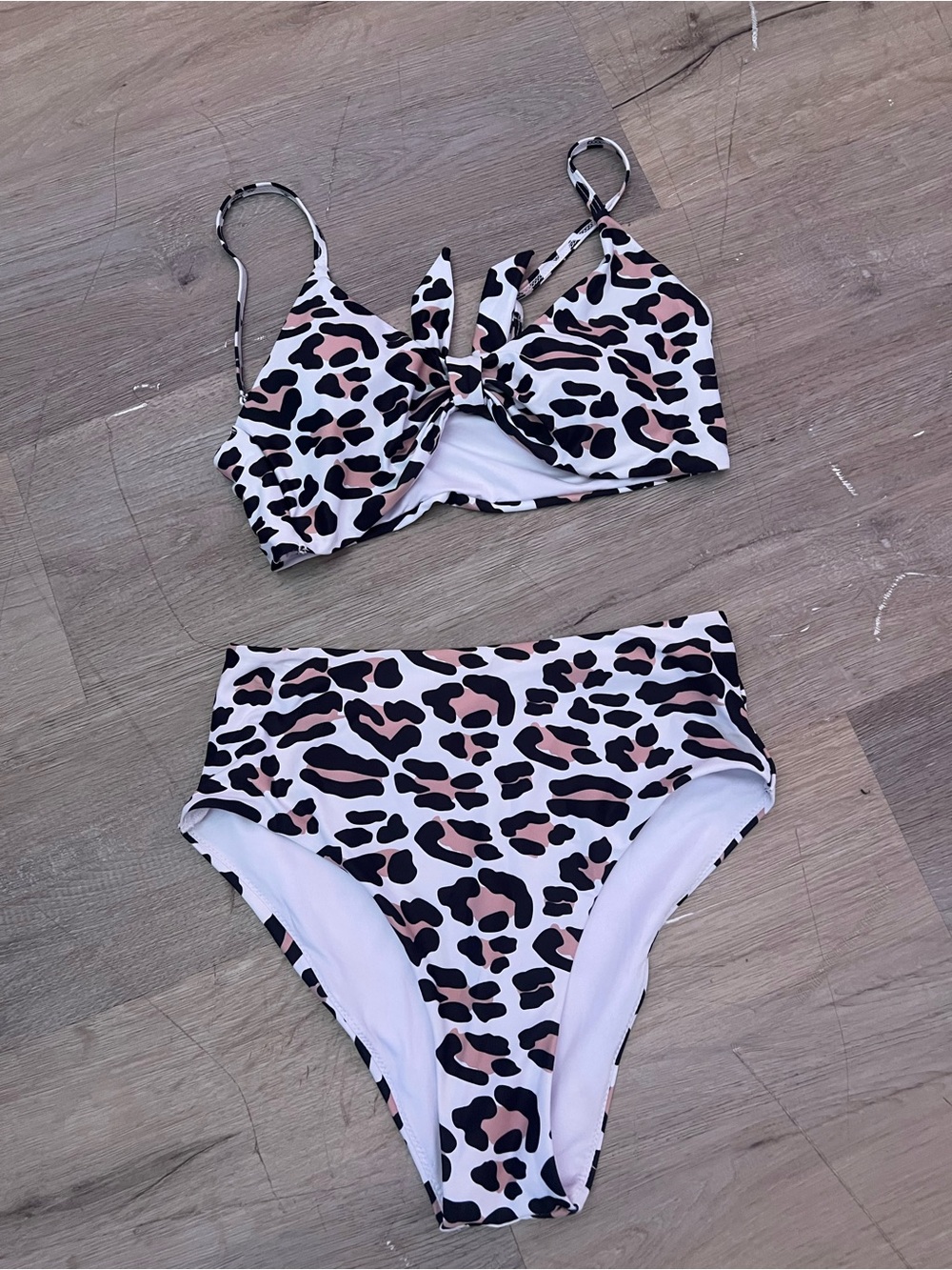High-Waist Animal Print Bikini Set in White, Black & white